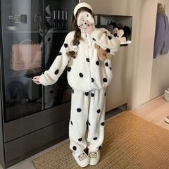 Pajama Set: Stand Collar Dotted Fleece Zip Jacket + High Waist Straight Leg Pants