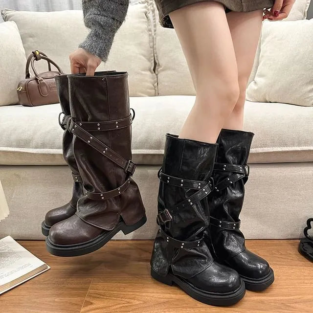 Faux Leather Buckled Strap Tall Boots