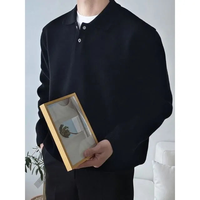 Long-Sleeve Plain Polo Knit Top
