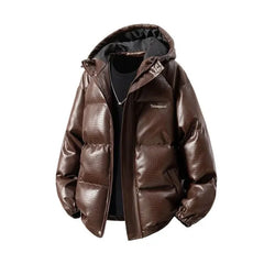 Hooded Plain Faux Leather Puffer Jacket