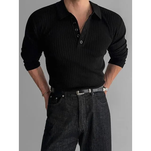 Long-Sleeve Plain Knit Polo Shirt