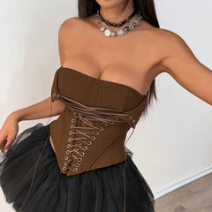 Plain Lace-Up Crop Corset Tube Top