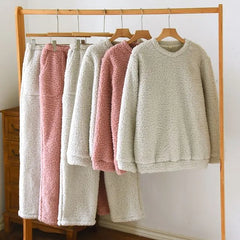 Couple Matching Pajama Set: Round Neck Plain Fleece Sweatshirt + Elastic Waist Straight Leg Pants (Various Designs)