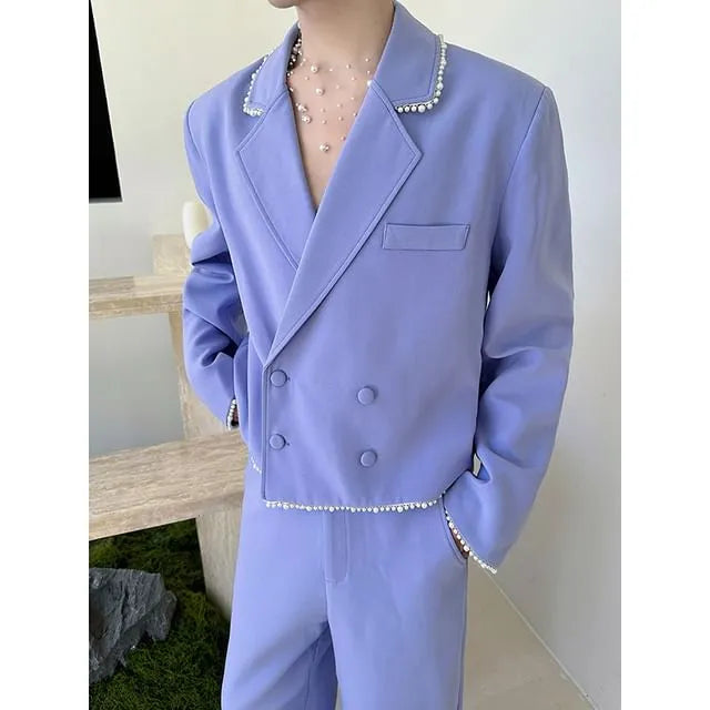 Set: Double Breasted Crop Blazer + Wide Leg Dress Pants