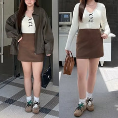 Plus Size Long-Sleeve V-Neck Plain Lace Trim T-Shirt / High Waist Plain Mini A-Line Skirt / Collared Plain Faux Leather Zip Jacket