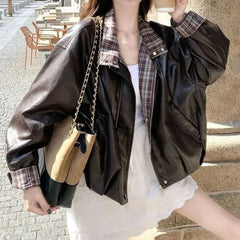 Faux Leather Plaid Lining Zip-Up Biker Jacket