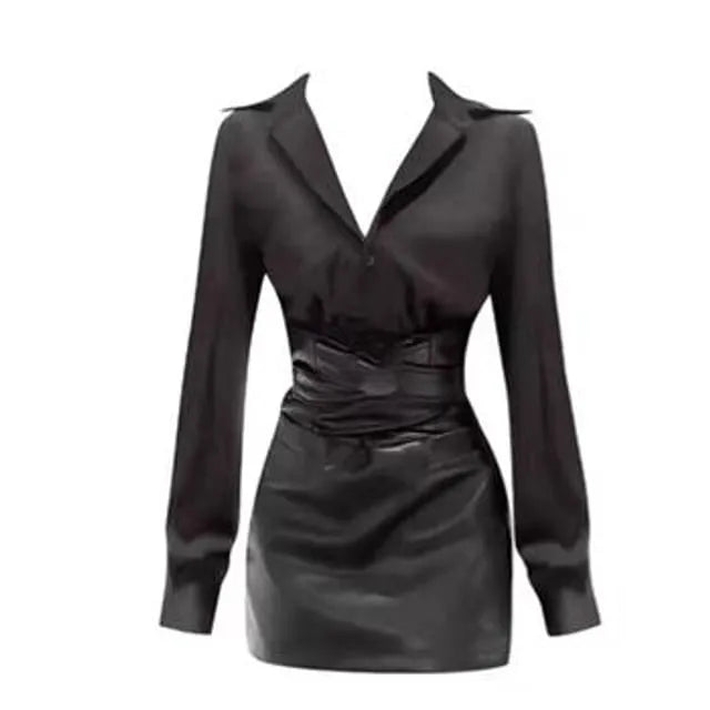 Set: Long-Sleeve Plain Shirt + High Waist Mini Pencil Skirt