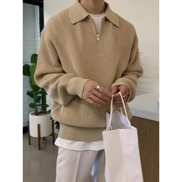 Collared Plain Half Zip Sweater / Long Sleeve Crew Neck Plain T-Shirt