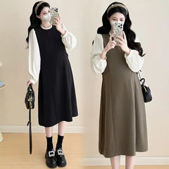 Maternity Mock Two-Piece Long-Sleeve Two Tone Midi A-Line Dress