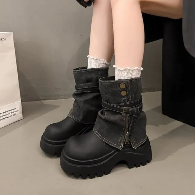 Faux Leather Paneled Platform Chunky Heel Short Boots
