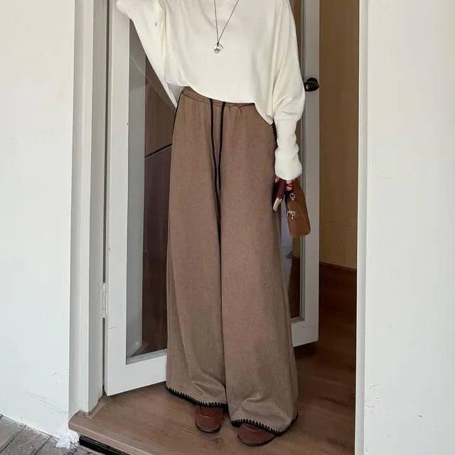 [XL-4XL] Drawstring Waist Contrast Trim Wide Leg Pants