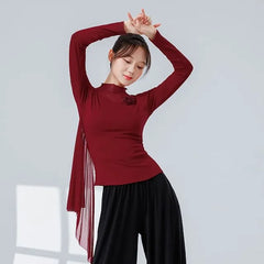 Long-Sleeve Mock Neck Plain Sheer Panel Dance Top