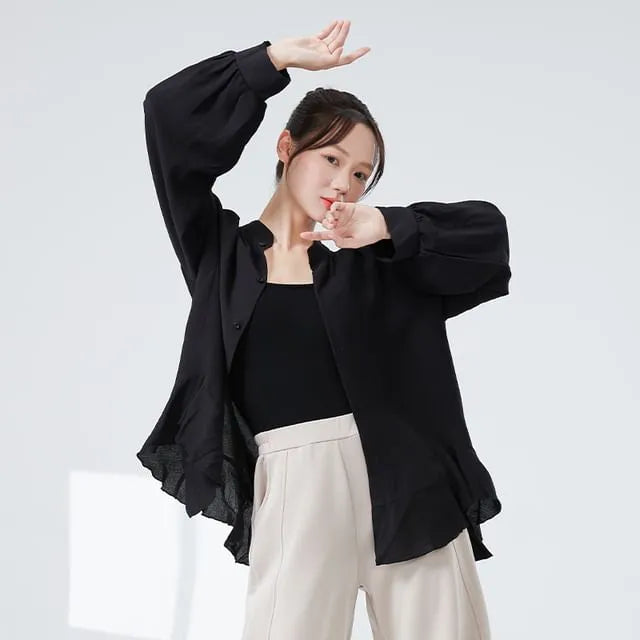 Long-Sleeve Lace Plain Dance Button Blouse