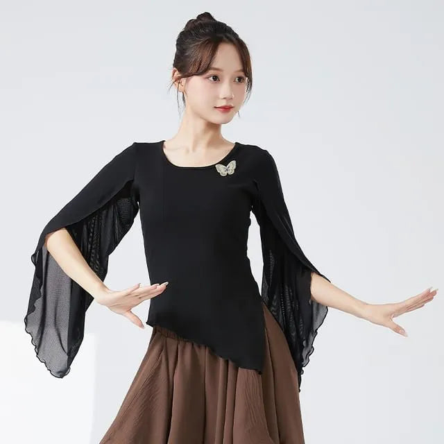 Long-Sleeve Round Neck Plain Ruffle Dance Top