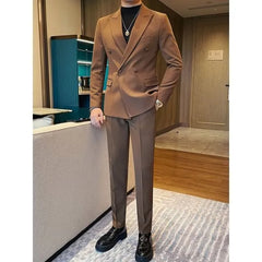 Lapel Collar Plain Double Breasted Blazer / Mid Rise Dress Pants / Set