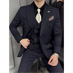 Set: Lapel Collar Pinstriped Double Breasted Blazer + V-Neck Vest + High Waist Dress Pants