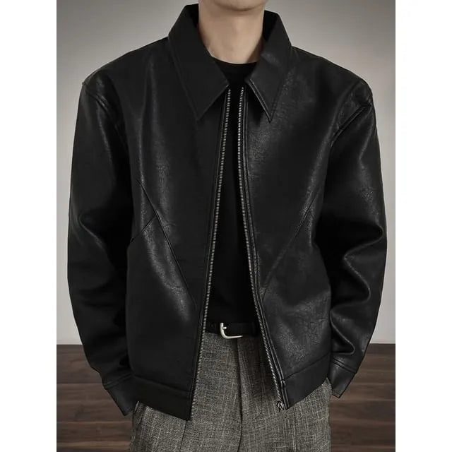 Collared Plain Faux Leather Zip Jacket