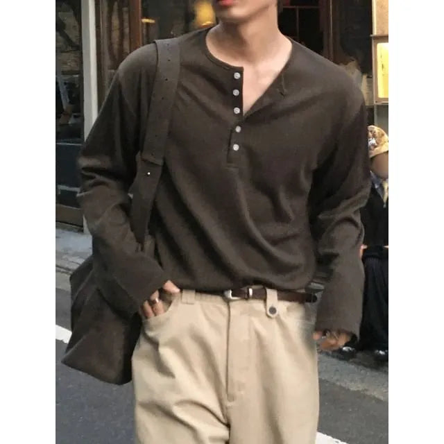 Long-Sleeve Round Neck Henley Plain T-Shirt