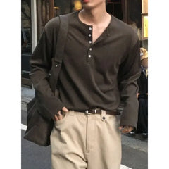Long-Sleeve Round Neck Henley Plain T-Shirt