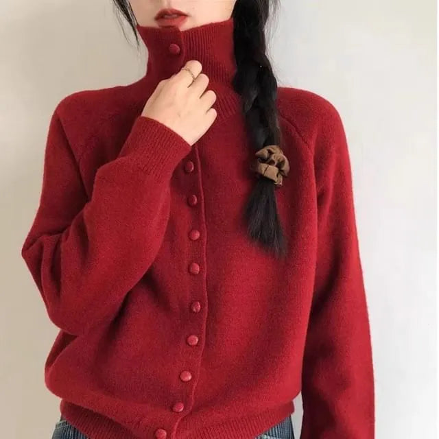 Turtleneck Button-Up Plain Cardigan