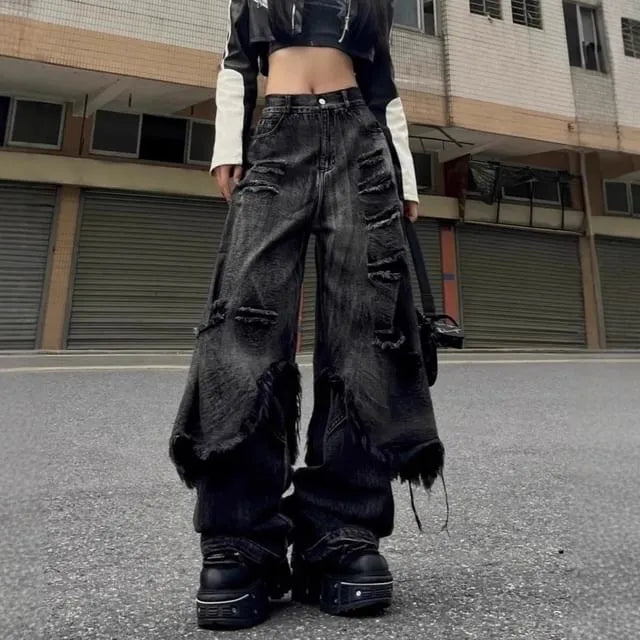 Mock Two-Piece Mid Rise Washed Fringed Distressed Wide Leg Jeans