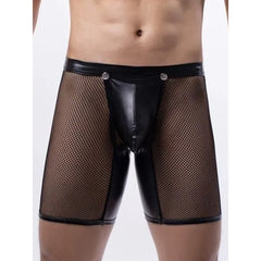 Plain Mesh Panel Faux Leather Boxer Briefs