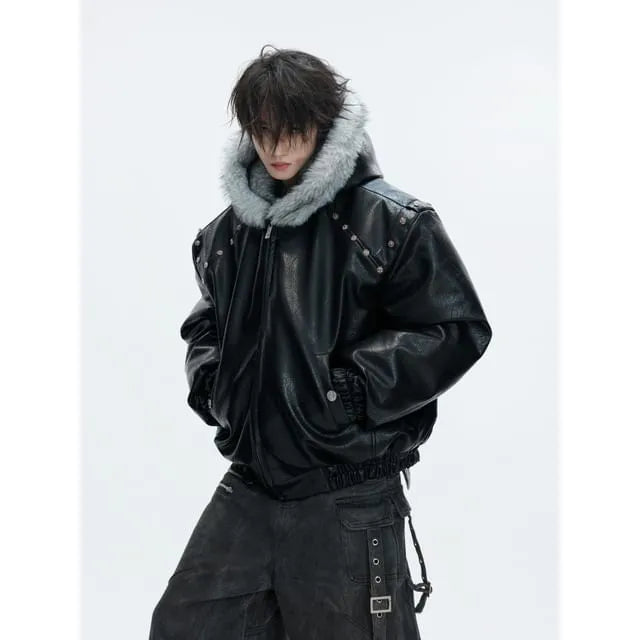 Fluffy Hooded Faux Leather Zip Jacket