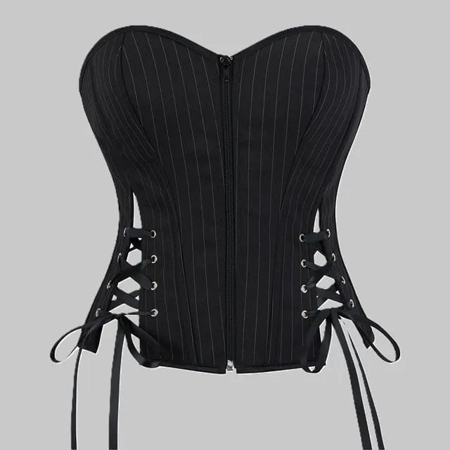 Pinstriped Slit Lace Up Tube Bustier Top