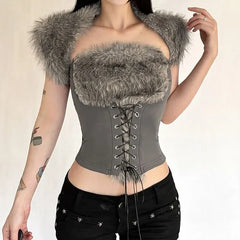 Cap-Sleeve Furry Crop Corset Top