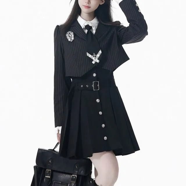 Notch Lapel Striped Button-Up Crop Blazer / Long-Sleeve Collared Plain Lace Trim Blouse / High Waist Pleated Mini A-Line Jumper Skirt / Badge / Necktie / Set