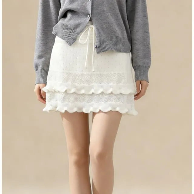 High Waist Plain Crochet Knit Ruffled Hem Mini Pencil Skirt
