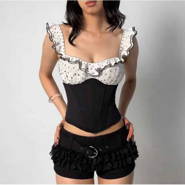 Square-Neck Ruffled-Trim Dotted Paneled Corset Tank Top