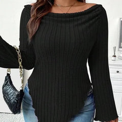[XL -3XL] Long-Sleeve Boatneck Asymmetrical Plain Top
