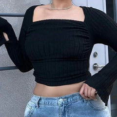[XL -3XL] Long-Sleeve Square Neck Plain Crop Top