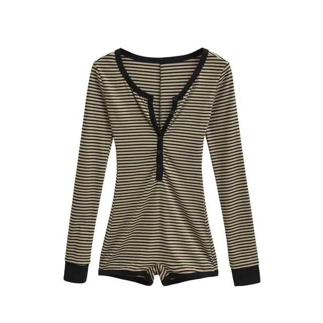 Long-Sleeve Henley Striped Romper