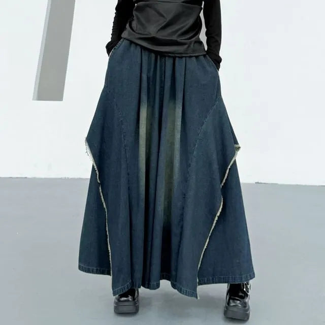 Elastic Waist Washed Frayed Slit Denim Culottes