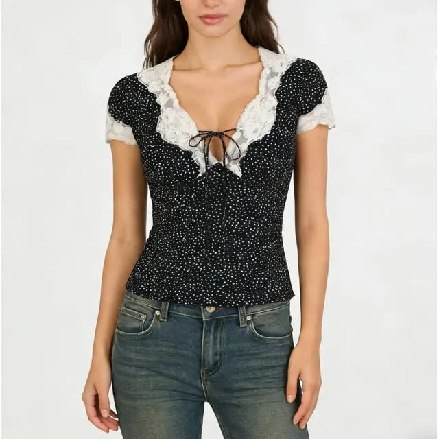 Short Sleeve V-Neck Lace-Trim Dotted Slim-Fit Top / High Waist Mini Skirt