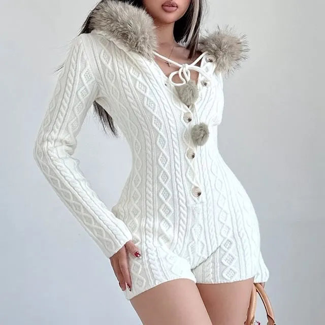 Long-Sleeve Fluffy Trim Hooded Half-Buttoned Cable Knit Romper