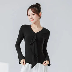 Long-Sleeve V-Neck Plain Ruffle Asymmetrical Dance Top
