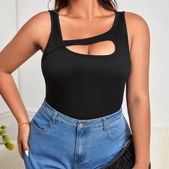 [XL -3XL] Plain Asymmetrical Cutout Ribbed Slim Fit Tank Top