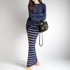 Long-Sleeve Crew Neck Plain T-Shirt / High Waist Striped Maxi Pencil Skirt