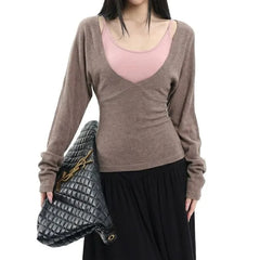 Plain Camisole Top / Long-Sleeve V-Neck Plain Knit Top