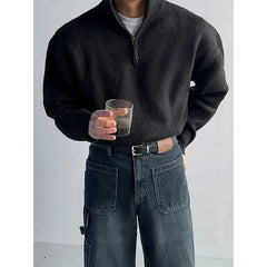 Stand Collar Plain Ribbed Half Zip Sweater