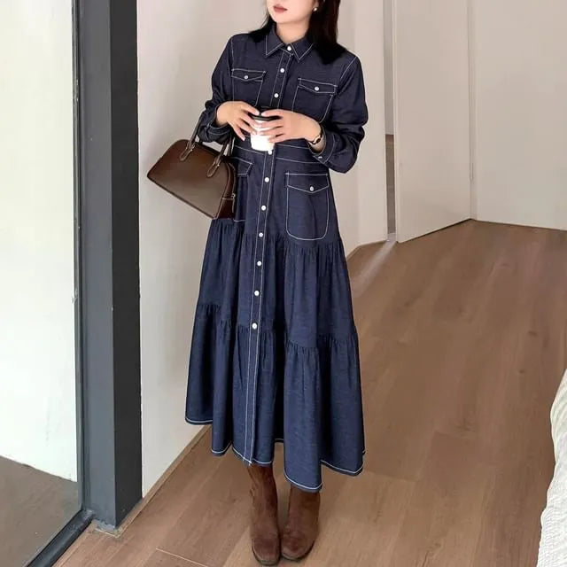 [XL-4XL] Long-Sleeve Collared Contrast Stitched Button-Up Denim Midi A-Line Dress