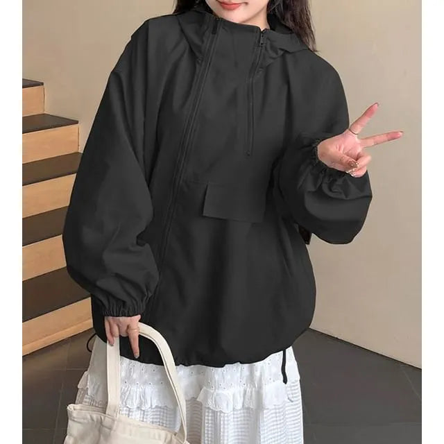 [XL-4XL] Drawstring Hooded Zip-Up Plain Jacket