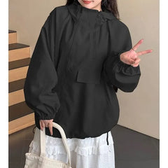 [XL-4XL] Drawstring Hooded Zip-Up Plain Jacket