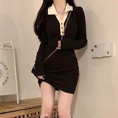 Long-Sleeve V-Neck Contrast Collar Mini Sheath Dress