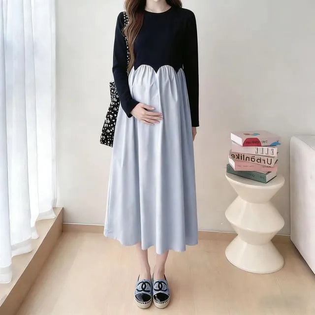Maternity Long-Sleeve Two Tone Midi A-Line Dress