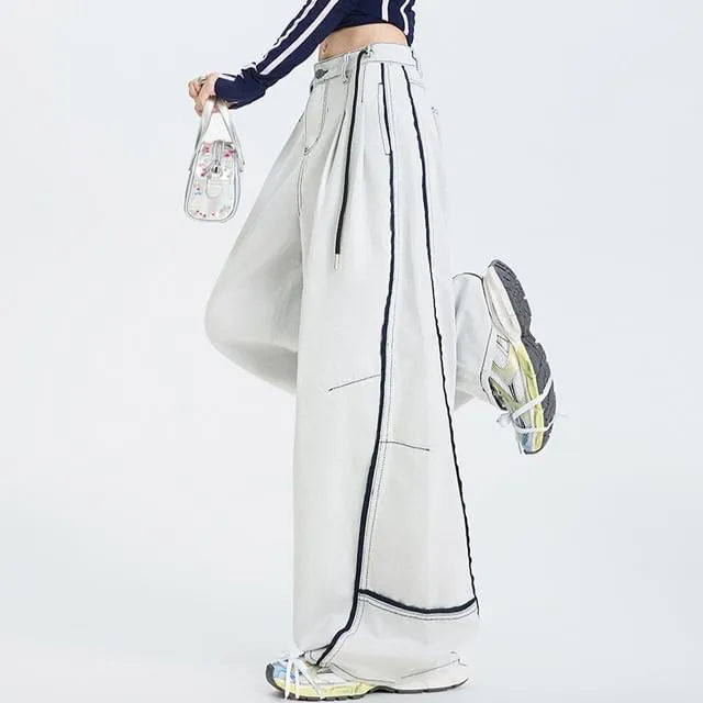 Low Rise Contrast Trim Wide Leg Barrel Jeans (Various Designs)