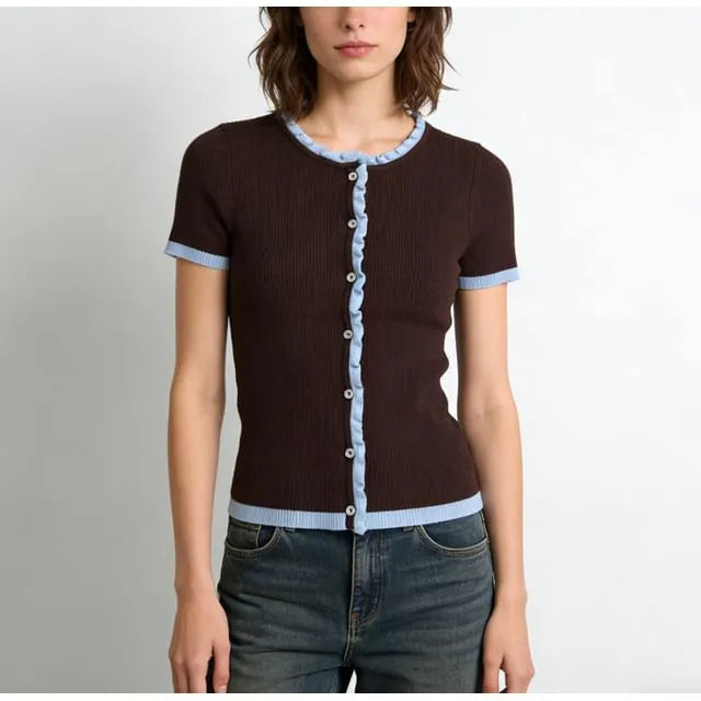 Short Sleeve Color-Block Ruffled-Trim Button-Up Slim-Fit Knit Top